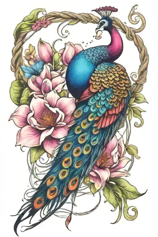 Magnolia Flower With Peacock And Thin Ropes