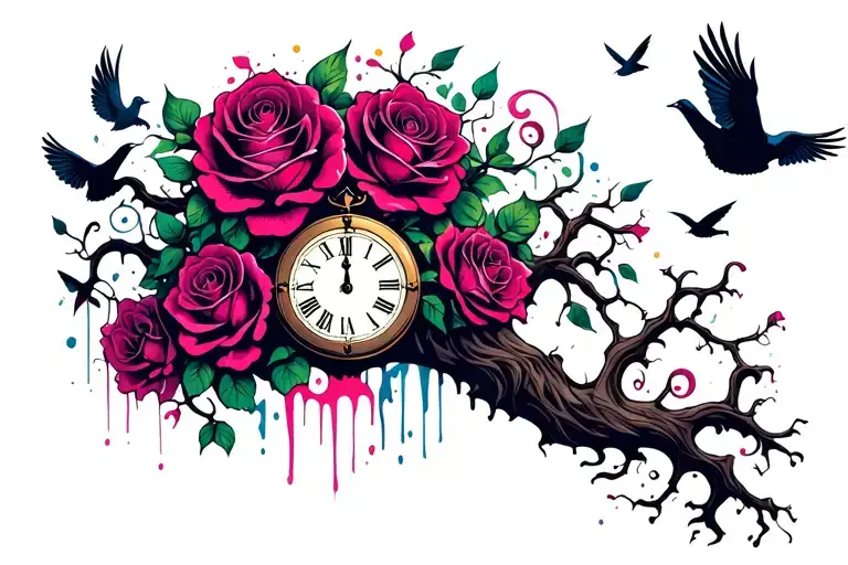 Poison Tree With Roses And Clock Face With Doves Flying