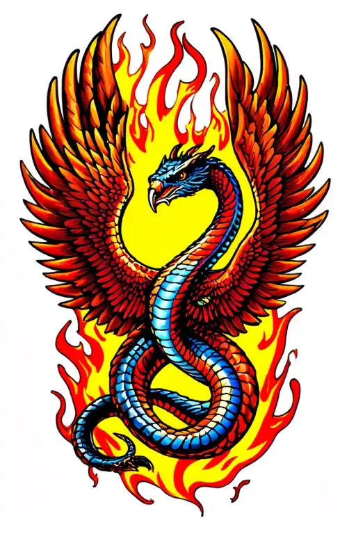Cobra With Phoenix Wings Rising From Flames