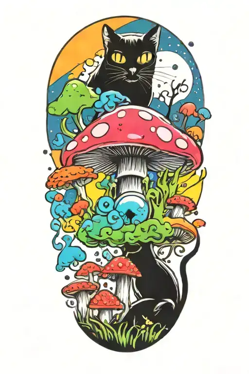 Black Cat With 3 Eye Balls And Trippy Colorful Mushrooms With Moon Melting