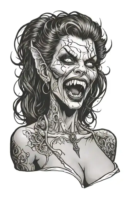A Sexy Nude Female Vampire Posing And Showing Fangs