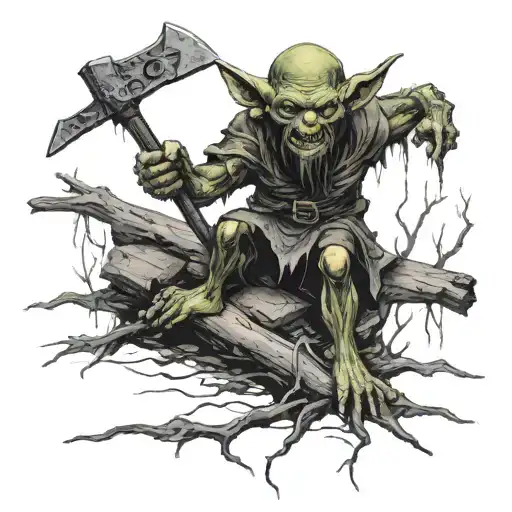 Goblin Standing On Dead Bodies With Axe