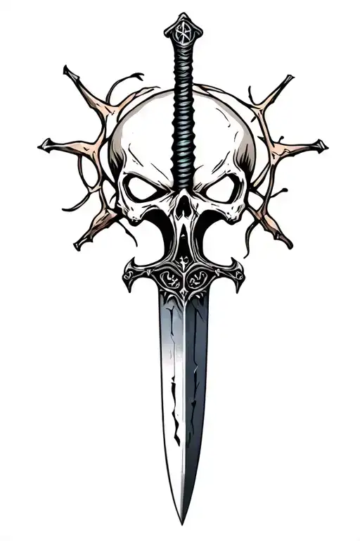Sharp Long Dagger With Runes Shaded Skull Head