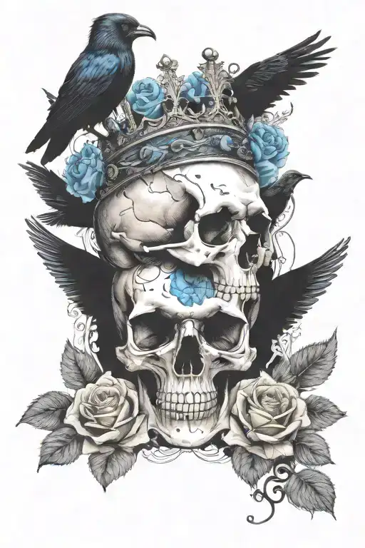 Skull Wearing Crown With Raven On Headand Blue Roses Intertwined