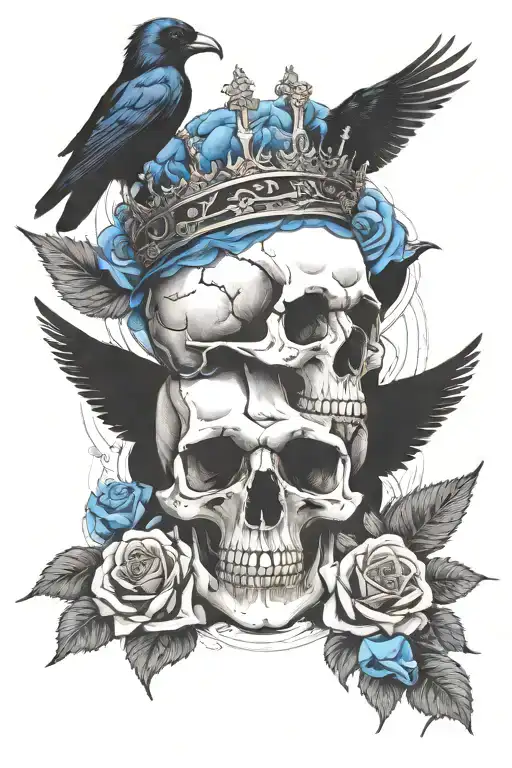 Skull Wearing Crown With Raven On Headand Blue Roses Intertwined