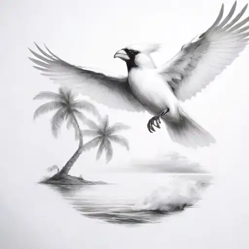 Flying Cardinal To The Ocean And Palm Tree With Clouds