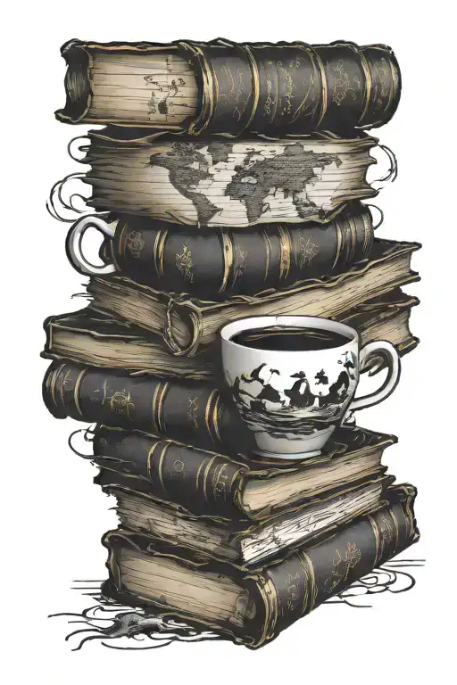 A Coffee Cup Morphing Into A Stack Of Books With A World Map In The Background