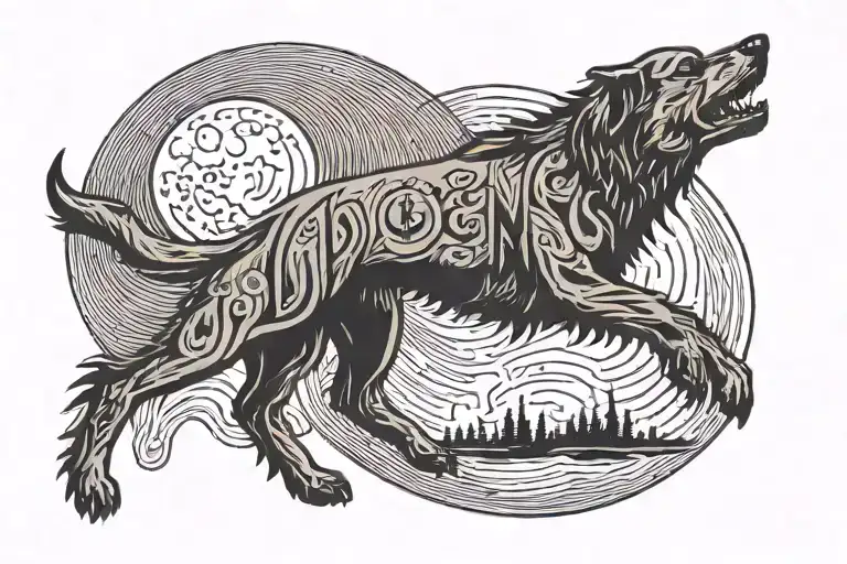 A Minimalist Tattoo Of A Dog Howling At The Moon With The Words 'Free Spirit' Incorporated