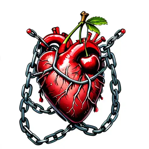 Two Cherries And Heart Organ Wrapped By Chains