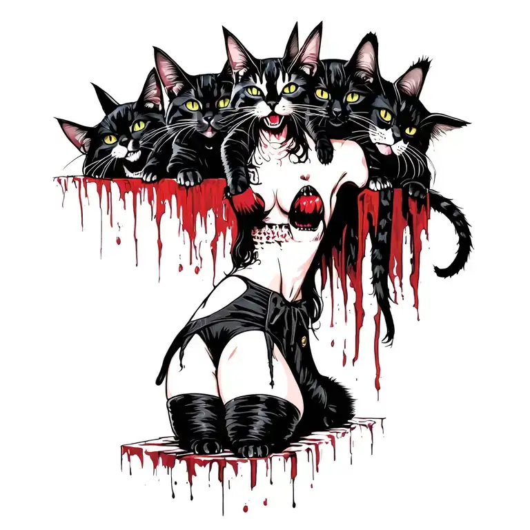 Woman Punk With Gang Of Cats