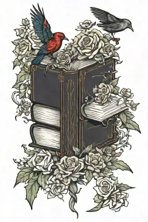 Spooky Books Surrounded By Flowers With Birds
