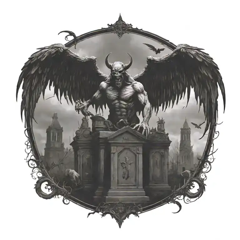 A Graveyard Scene With A Demon With Big Wings At The Top