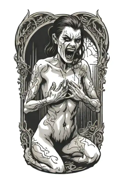 Creepy Nude Female Vampire On Her Knees Showing Fangs