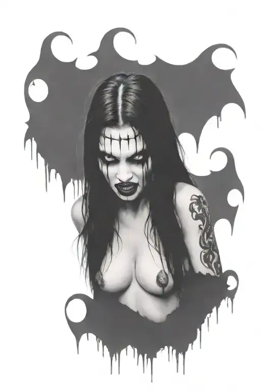 Gothic Black Metal Nude Female Vampire With Fangs Surrounded By Fog