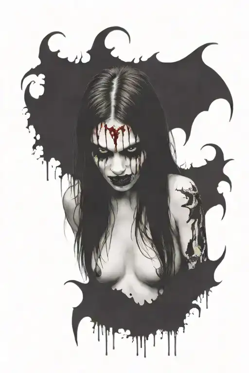 Gothic Black Metal Nude Female Vampire With Fangs Surrounded By Blood Splatter