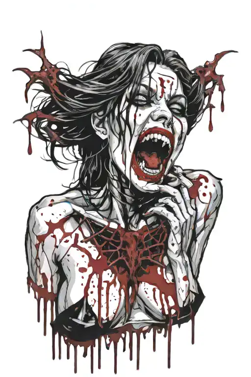 Gothic Black Metal Nude Female Vampire With Fangs Surrounded By Blood Splatter