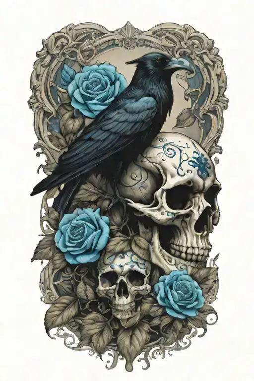 Raven On Skull With Blue Roses