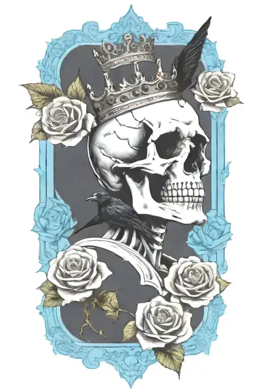Skull Wearing Crown With Raven On Skull And Blue Roses