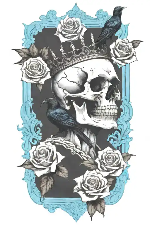 Skull Wearing Crown With Raven On Skull And Blue Roses