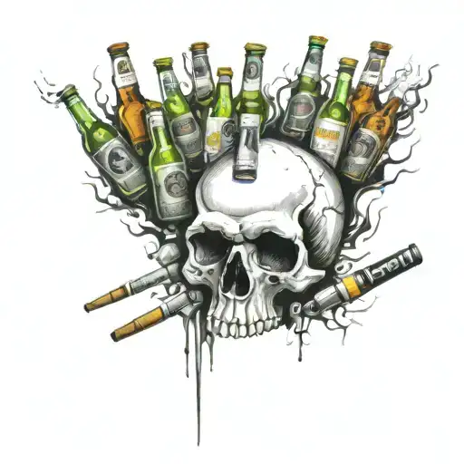 A Skull Surrounded By Beer Bottles And Cigarettes