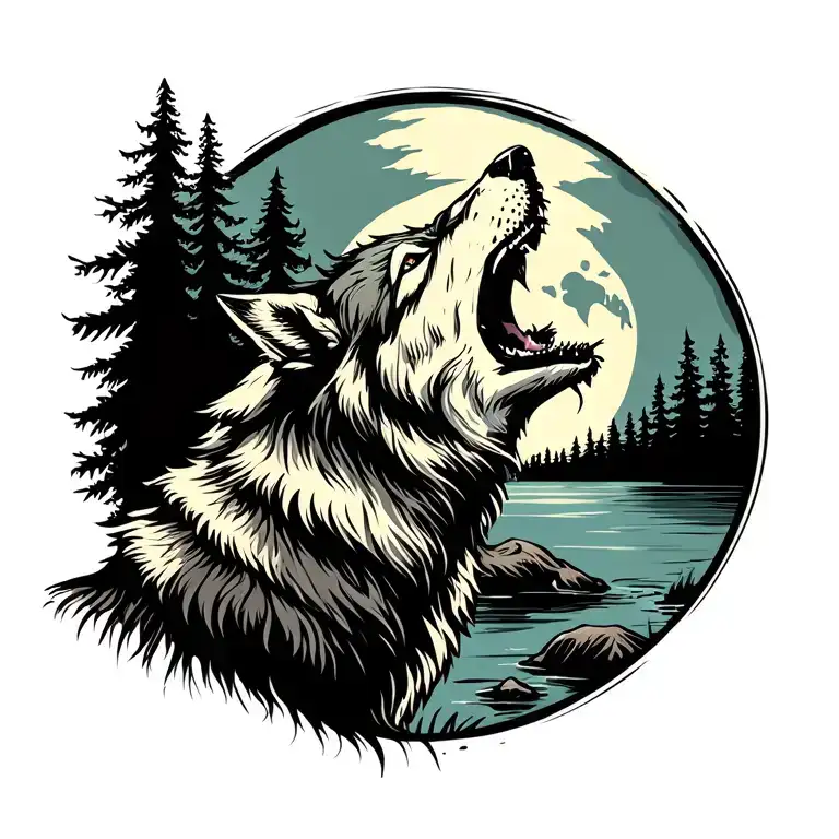 Adult Wolf Howling At The Moon In The Distance With Forest Lake Behind