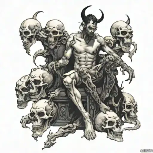 Demon Seated On Thrown Of Skulls With A Sexy Partially Nude Woman Over The Demons Shoulder