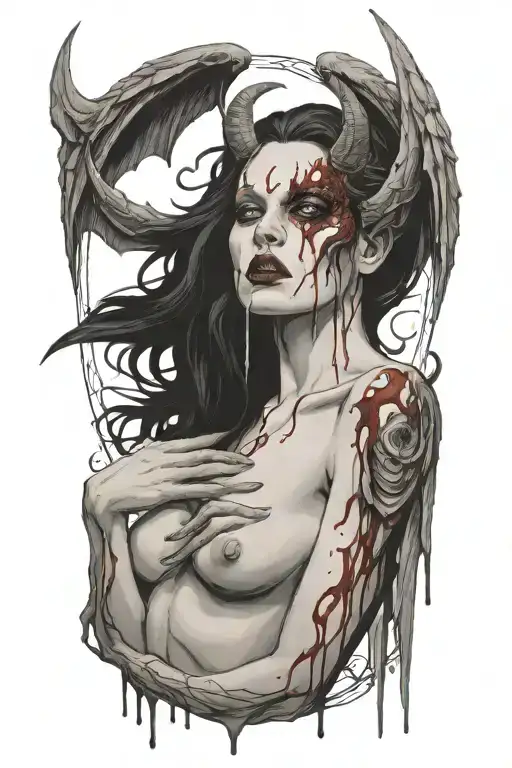 Sexy Nude Winged Demon Woman Bleeding From Eyes