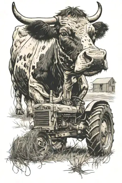 Cow And Tractor With Bale Of Hay