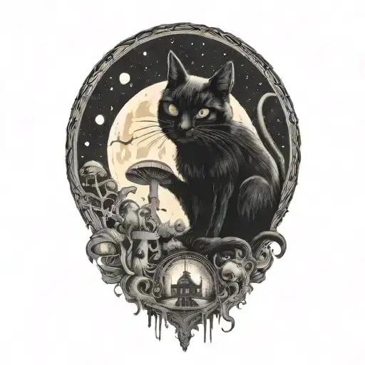 Black Cat And Magic Mushroom With Moon