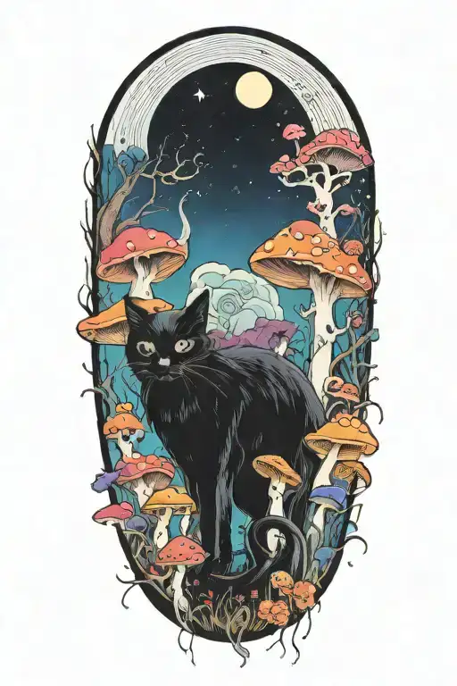 Black Cat And Trippy Colorful Mushrooms With Moon