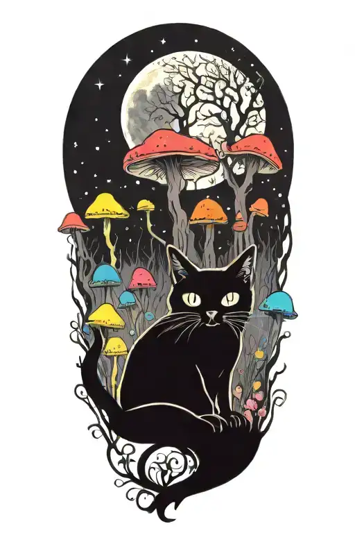 Black Cat And Trippy Colorful Mushrooms With Moon Melting