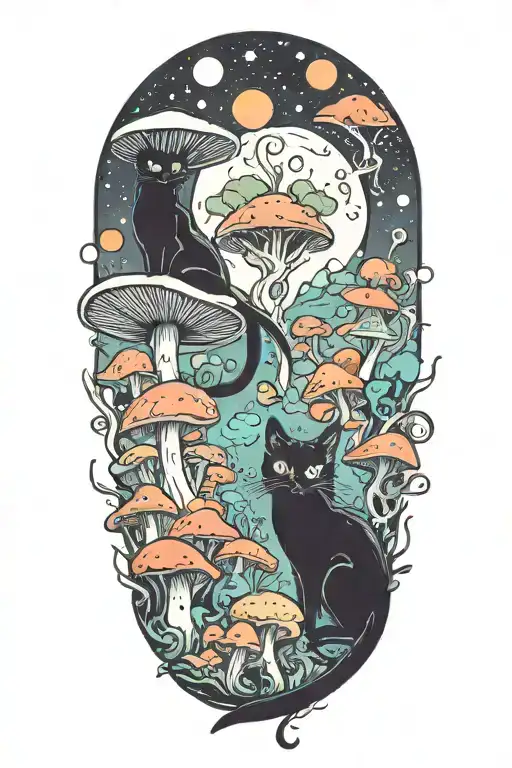 Black Cat And Trippy Colorful Mushrooms With Moon Melting