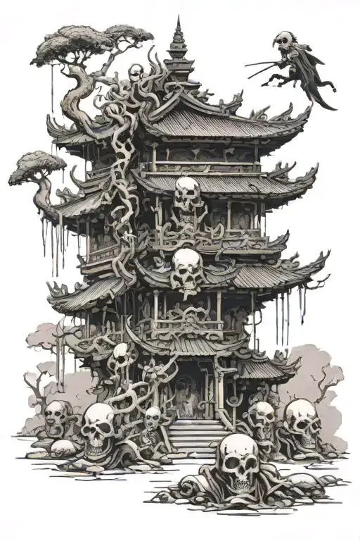 A Buddhist Temple On An Alien Head With Skull Warriors Running Away From It Towards Us
