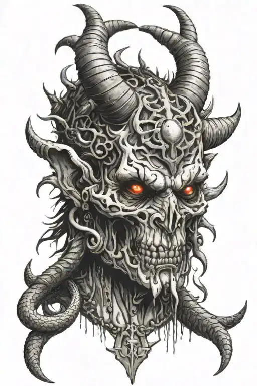 Mutant God Face With Piercing And With Tusks And Horns And Skull Necklace With Snakes