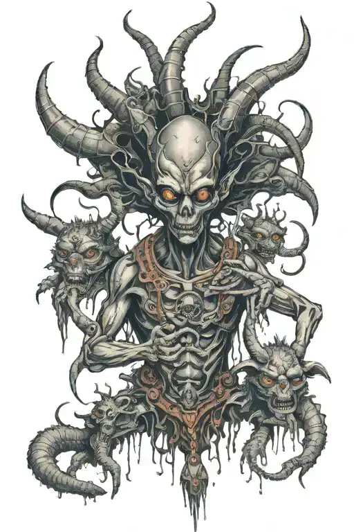 Alien Warrior With Third Eye And Horns Surrounded By Alien Like Creatures