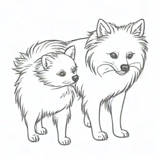 An Elegant Design Of A Pomeranian Dog And A Girl's Hand Touching Noses In A Minimalist Style