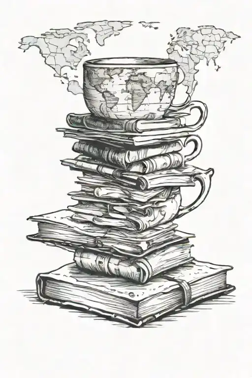A Coffee Cup Morphing Into A Stack Of Books With A World Map In The Background