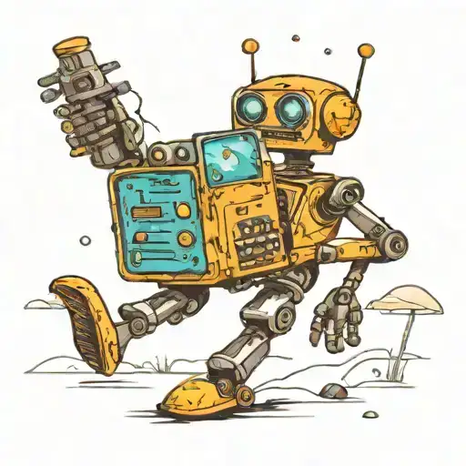 Create A Tattoo Of A Robot Playing Jazz On An Alien Planet Landscape