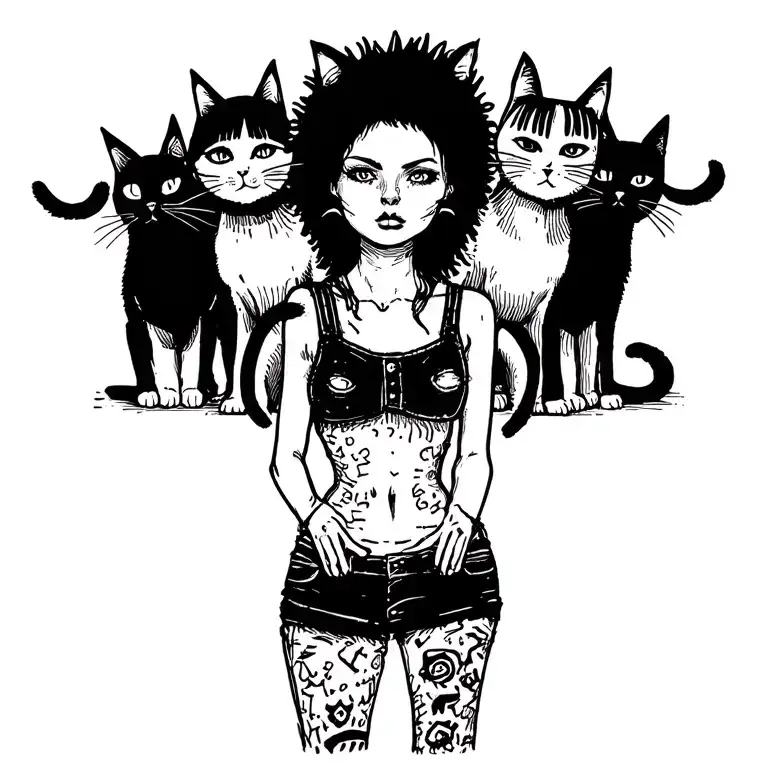 Woman Punk With Gang Of Cats