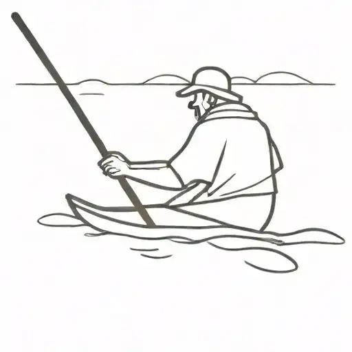 Simple Line Art Fisherman On A Boat Silhouette With Line In Water