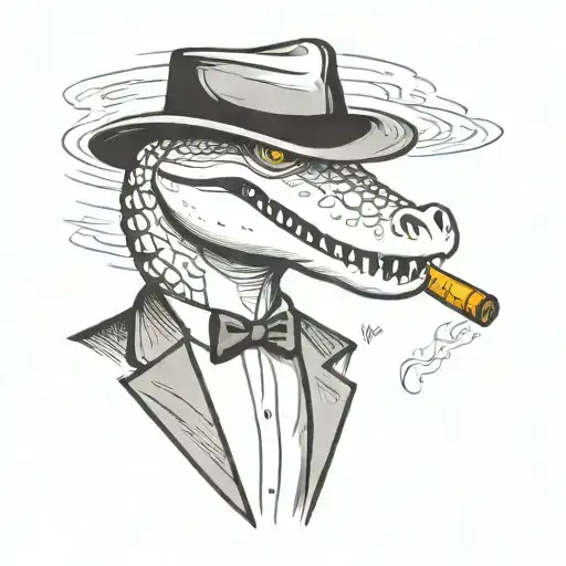 Alligator Wearing A Suit And Mafia Fedora While Smoking A Cigar