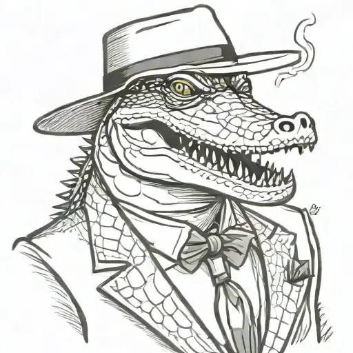 Portrait Of An Alligator Wearing A Suit And Mafia Fedora While Smoking A Cigar