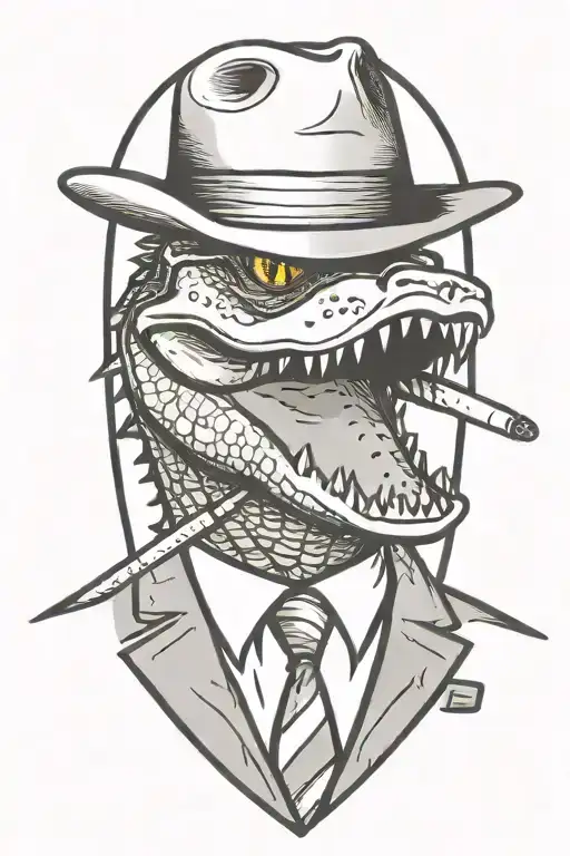 Portrait Of An Alligator Wearing A Suit And Mafia Fedora While Smoking A Blunt