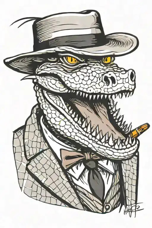 Portrait Of An Alligator Wearing A Suit And Mafia Fedora With A Cigar In His Teeth