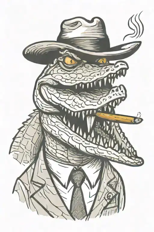 Portrait Of An Alligator Wearing A Suit And Mafia Fedora With A Cigar In His Teeth
