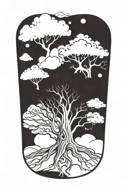Trippy Tattoo Design Incorporating Yggdrasil Tree Silhouette
