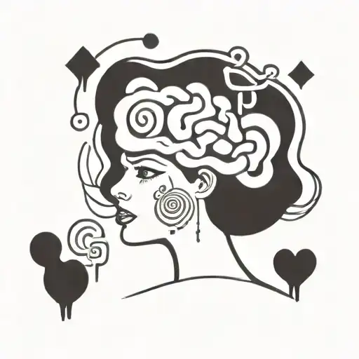 Female Head With Brain With Floating Emoji And Words In Brain All Line Work