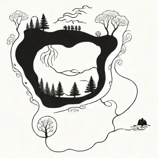 A Detailed Landscape Tattoo Of A River Winding Through A Forest Of Juniper And Yew Trees
