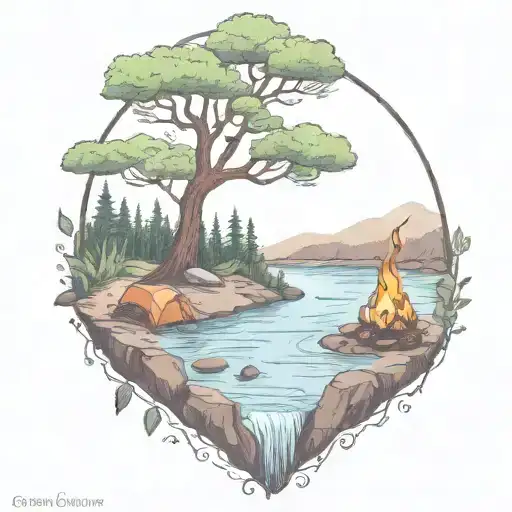 A Rowan Berry Tree And A Campfire Beside A River Waterfalling Down The Front