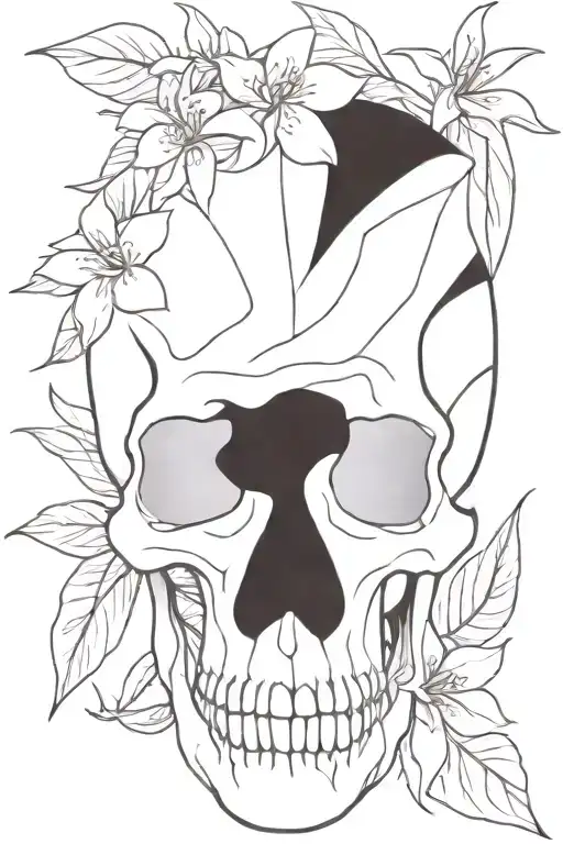 Skull And Tropical Flowers And Leaves Intertwined Symbolizing Beauty In Death